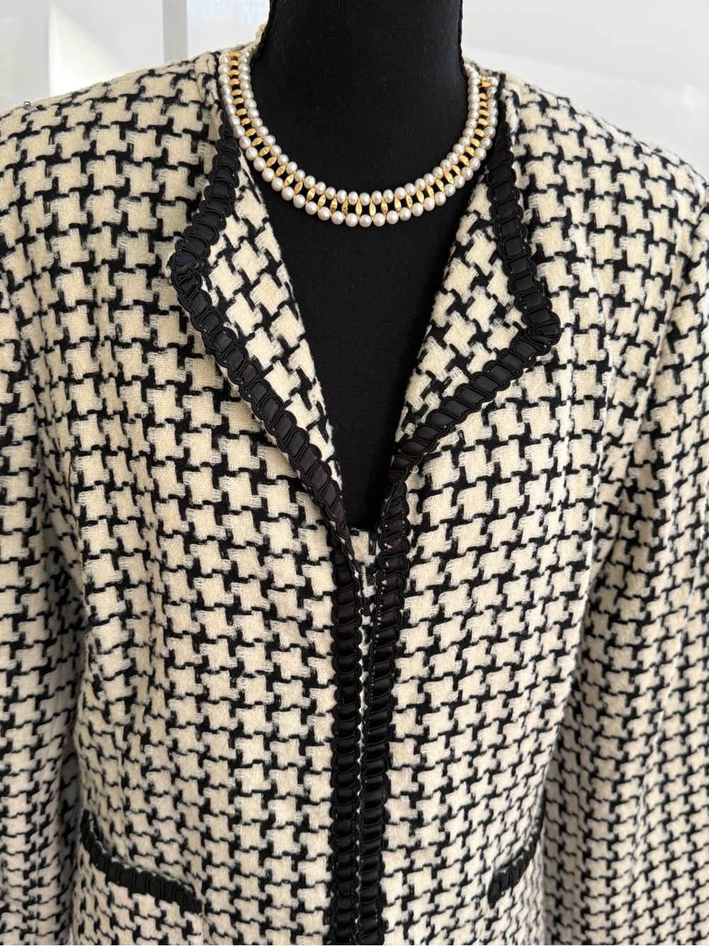 Cream and Black Tweed Blazer with Decorative Black Trim